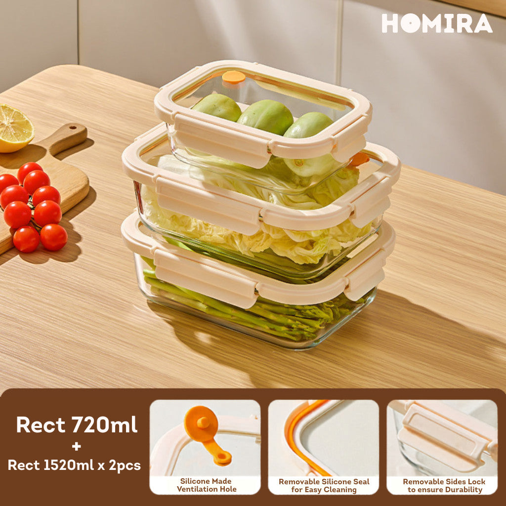HOMIRA Signature Series Rectangle Borosilicate Glass Food Container Set (480ml/720ml/1100ml/1520ml)