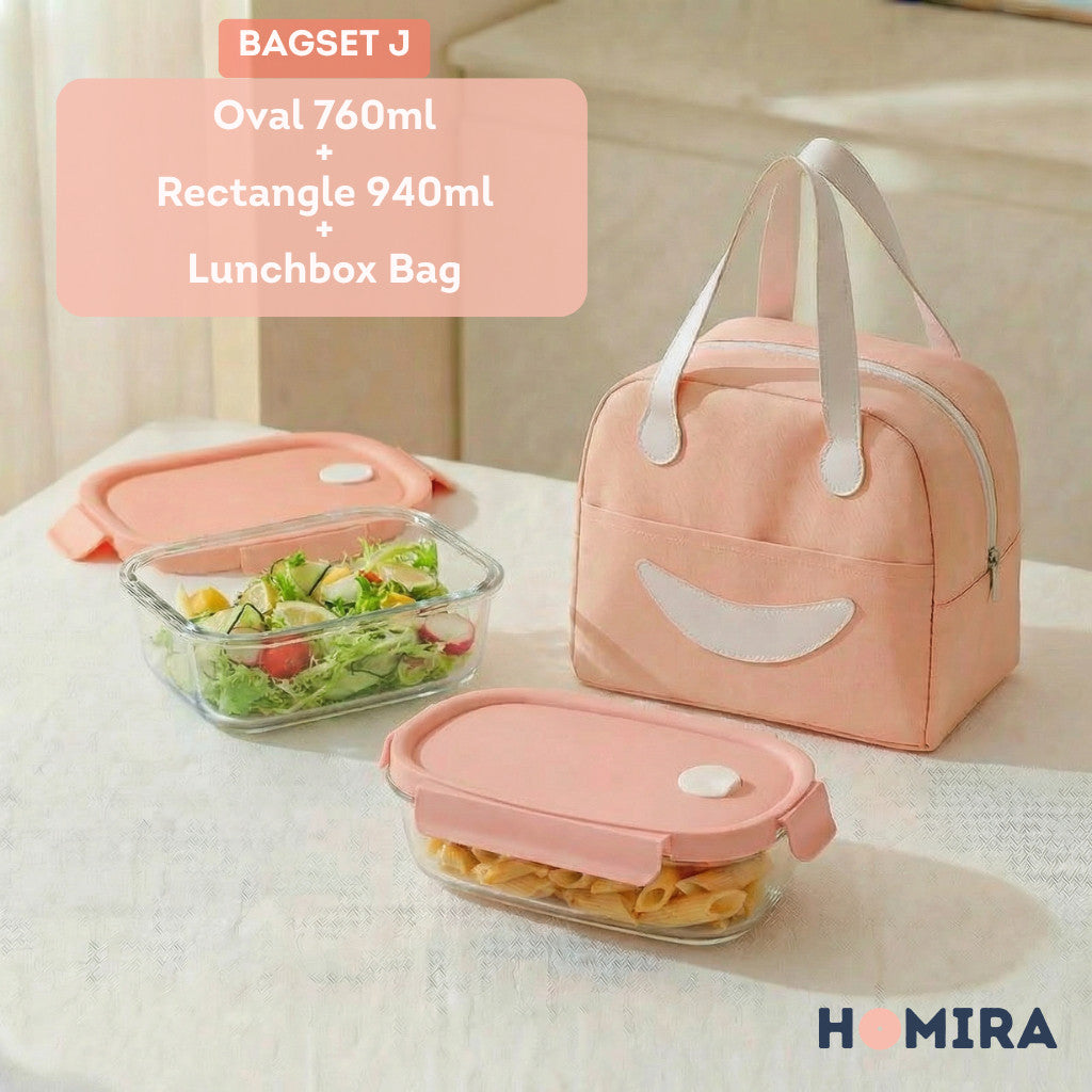 HOMIRA Summer Series Borosilicate Glass Lunchbox Bag Airtight & Microwave Safe Set