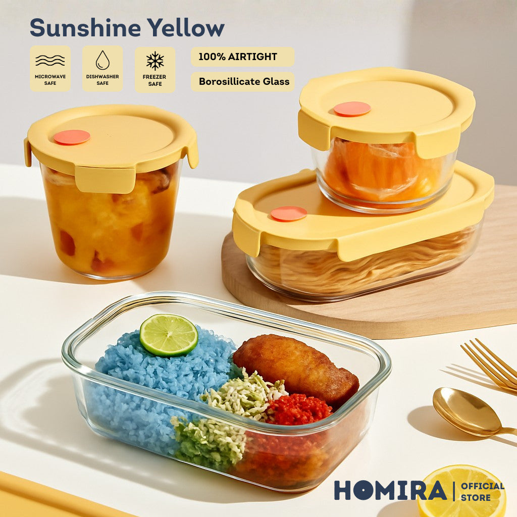 HOMIRA Sunshine Yellow Borosilicate Glass Food Container (450ml-940ml)