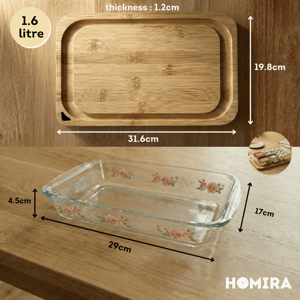 HOMIRA Bakeware Glass Tray with Wooden Lid Display Set(1L/1.6L/2.2L/3L)