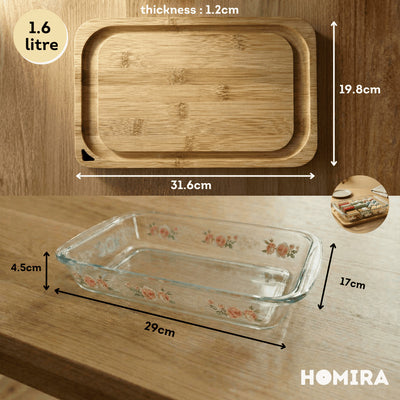 HOMIRA Bakeware Glass Tray with Wooden Lid Display Set(1L/1.6L/2.2L/3L)