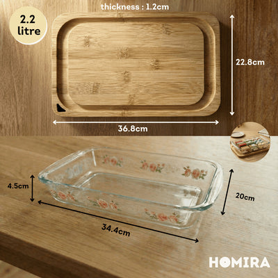 HOMIRA Bakeware Glass Tray with Wooden Lid Display Set(1L/1.6L/2.2L/3L)