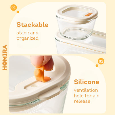 HOMIRA Timeless Series Square Borosilicate Glass Food Container (1370ml x 2 Pcs)