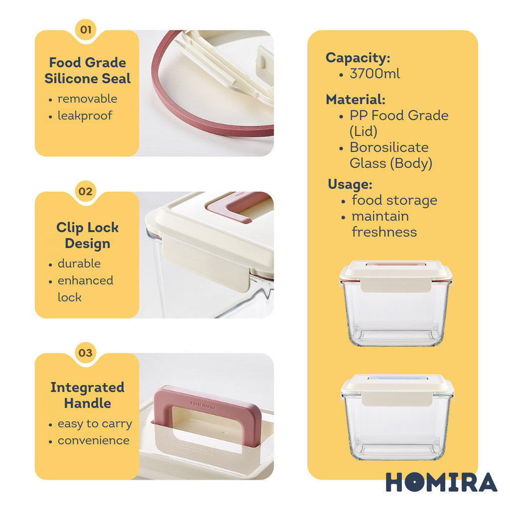 HOMIRA Extra Large Rectangular Borosilicate Glass Food Container with Handle - 3700ml