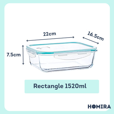 HOMIRA Classic Rectangle Borosilicate Glass Food Container (700ml-1520ml)