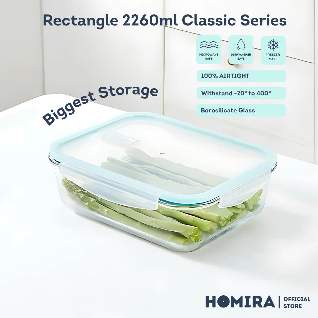 HOMIRA Rectangle Borosilicate Glass Food Container (2260ml)