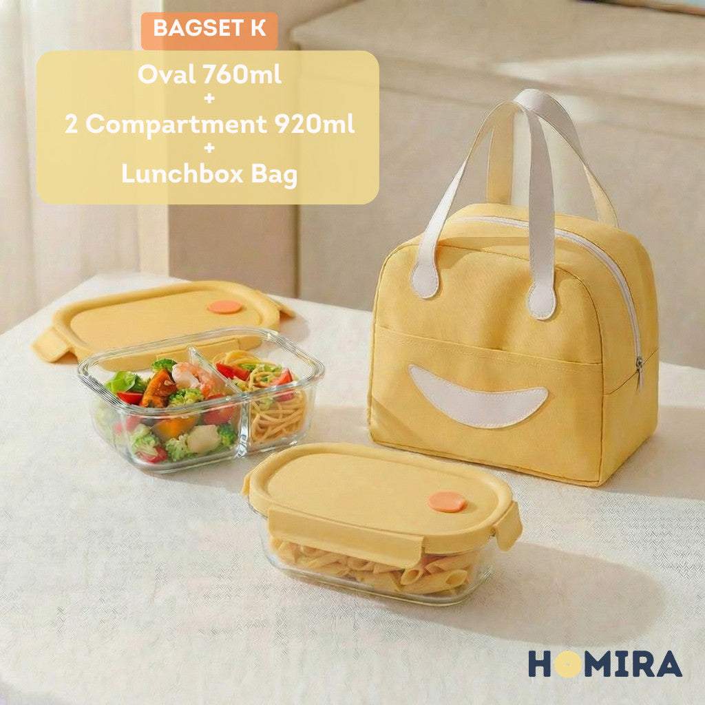 HOMIRA Summer Series Borosilicate Glass Lunchbox Bag Airtight & Microwave Safe Set