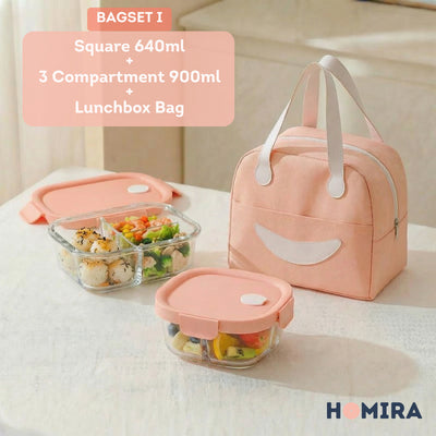 HOMIRA Summer Series Borosilicate Glass Lunchbox Bag Airtight & Microwave Safe Set