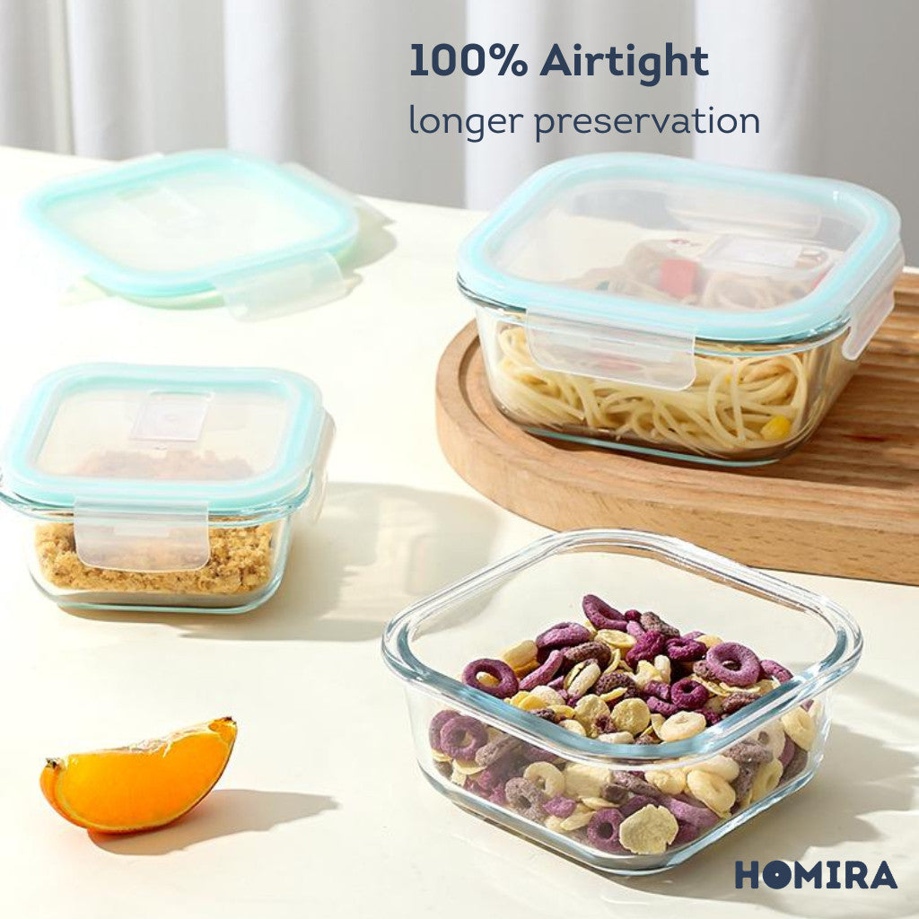 HOMIRA Classic Series Borosilicate Glass Square Food Container (800ml)