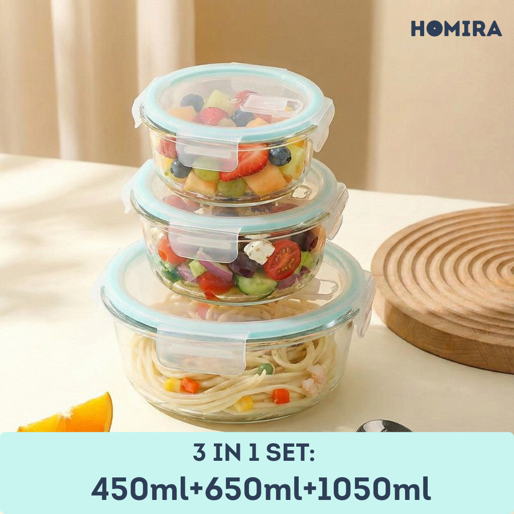 HOMIRA Classic Series Round Borosilicate Glass Food Container Airtight & Microwave Safe (450ml/650ml/1050ml)