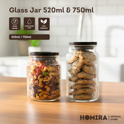 HOMIRA Embossed Glass Jar with Dark Wood Lid - 520ml / 750ml