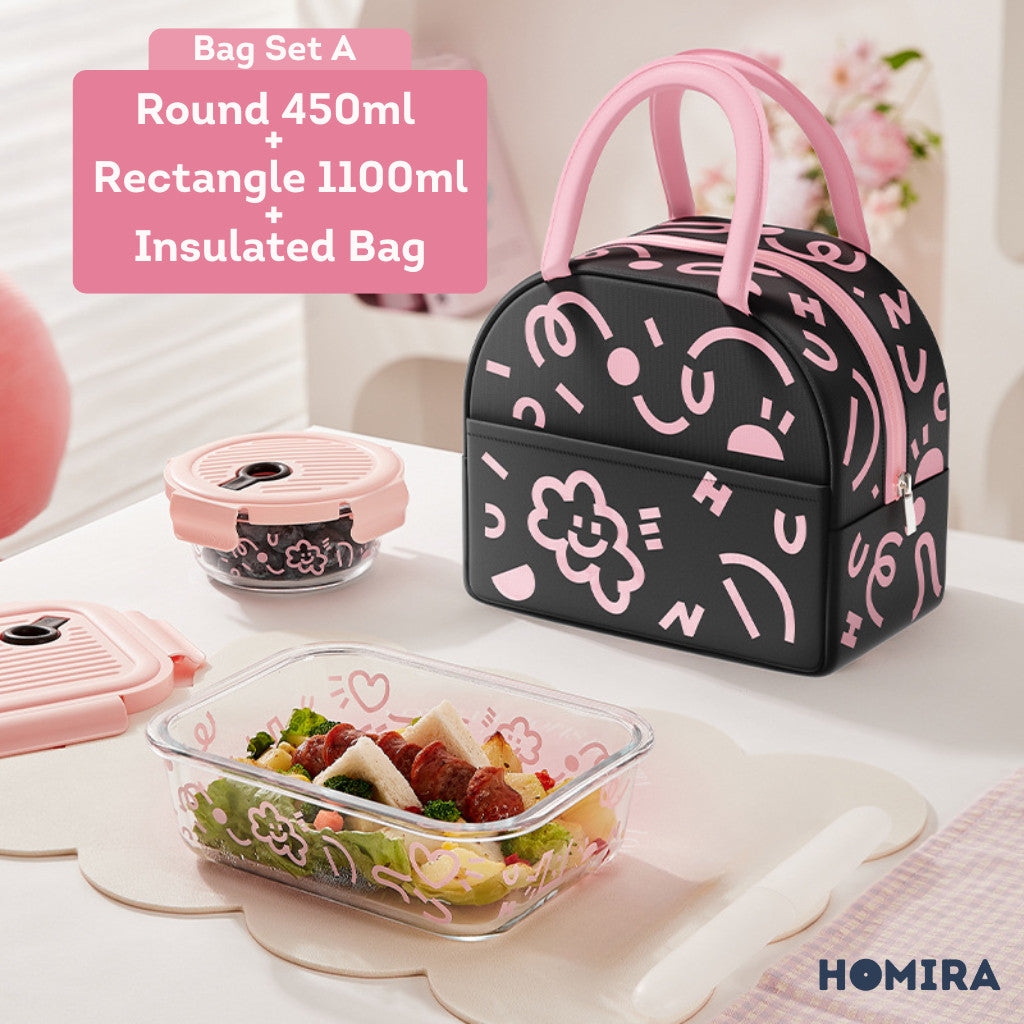 HOMIRA Lovey Cloud Series Glass Lunch Box & Insulated Bag Set (450ml - 1100ml)