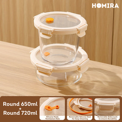 HOMIRA Signature Series Round Borosilicate Glass Food Container (450ml-1050ml)