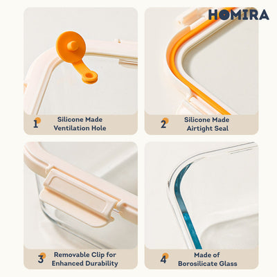 HOMIRA Signature Series Rectangle Borosilicate Glass Food Container Set (480ml/720ml/1100ml/1520ml)