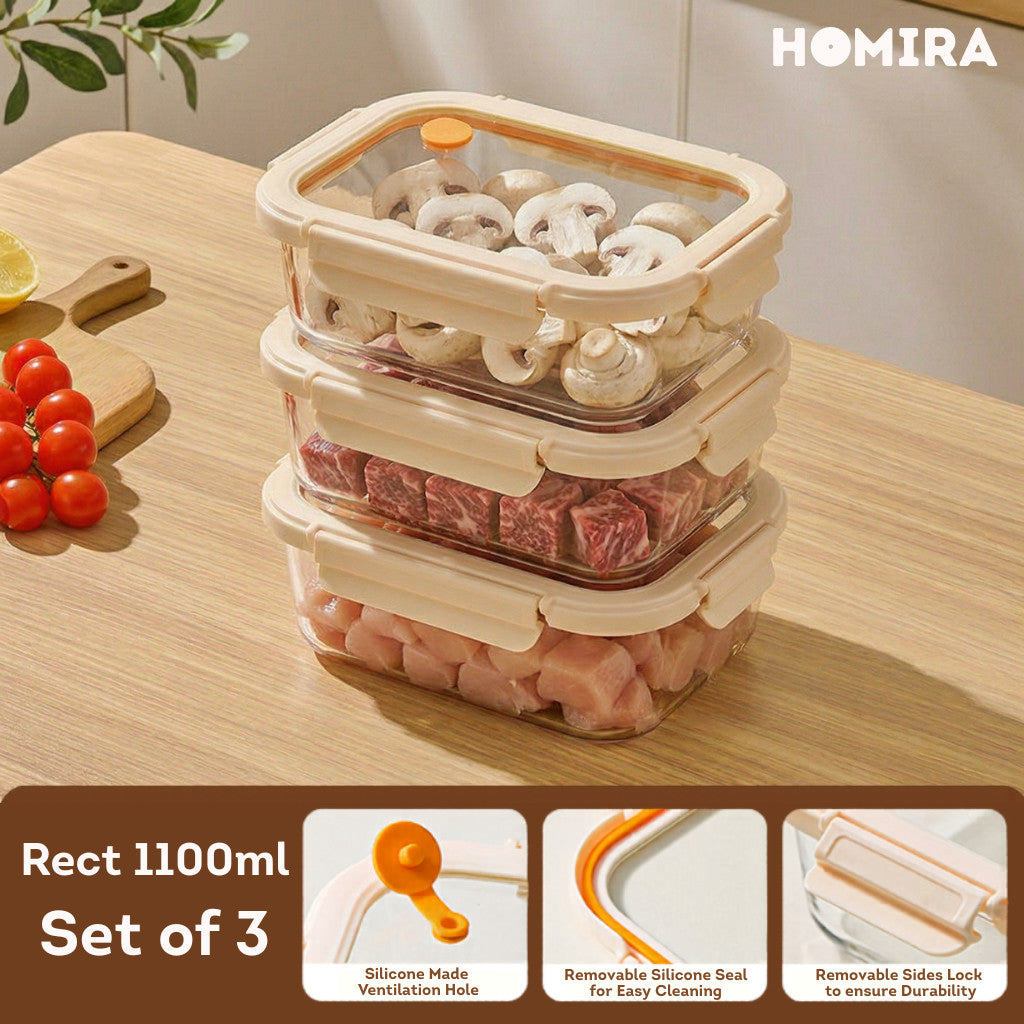 HOMIRA Signature Series Rectangle Borosilicate Glass Food Container Set (480ml/720ml/1100ml/1520ml)