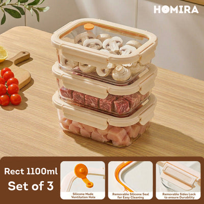 HOMIRA Signature Series Rectangle Borosilicate Glass Food Container Set (480ml/720ml/1100ml/1520ml)