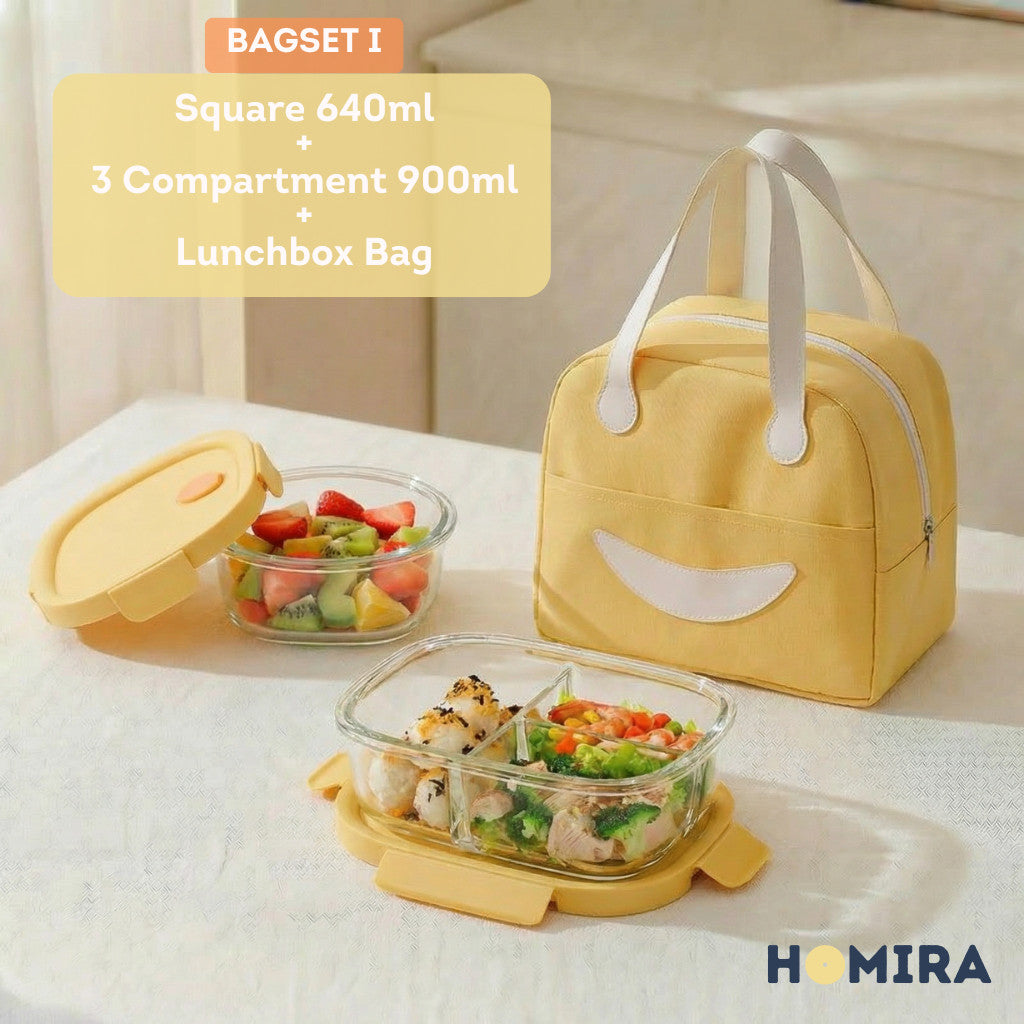 HOMIRA Summer Series Borosilicate Glass Lunchbox Bag Airtight & Microwave Safe Set