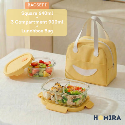 HOMIRA Summer Series Borosilicate Glass Lunchbox Bag Airtight & Microwave Safe Set