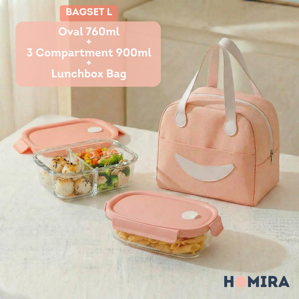 HOMIRA Summer Series Borosilicate Glass Lunchbox Bag Airtight & Microwave Safe Set