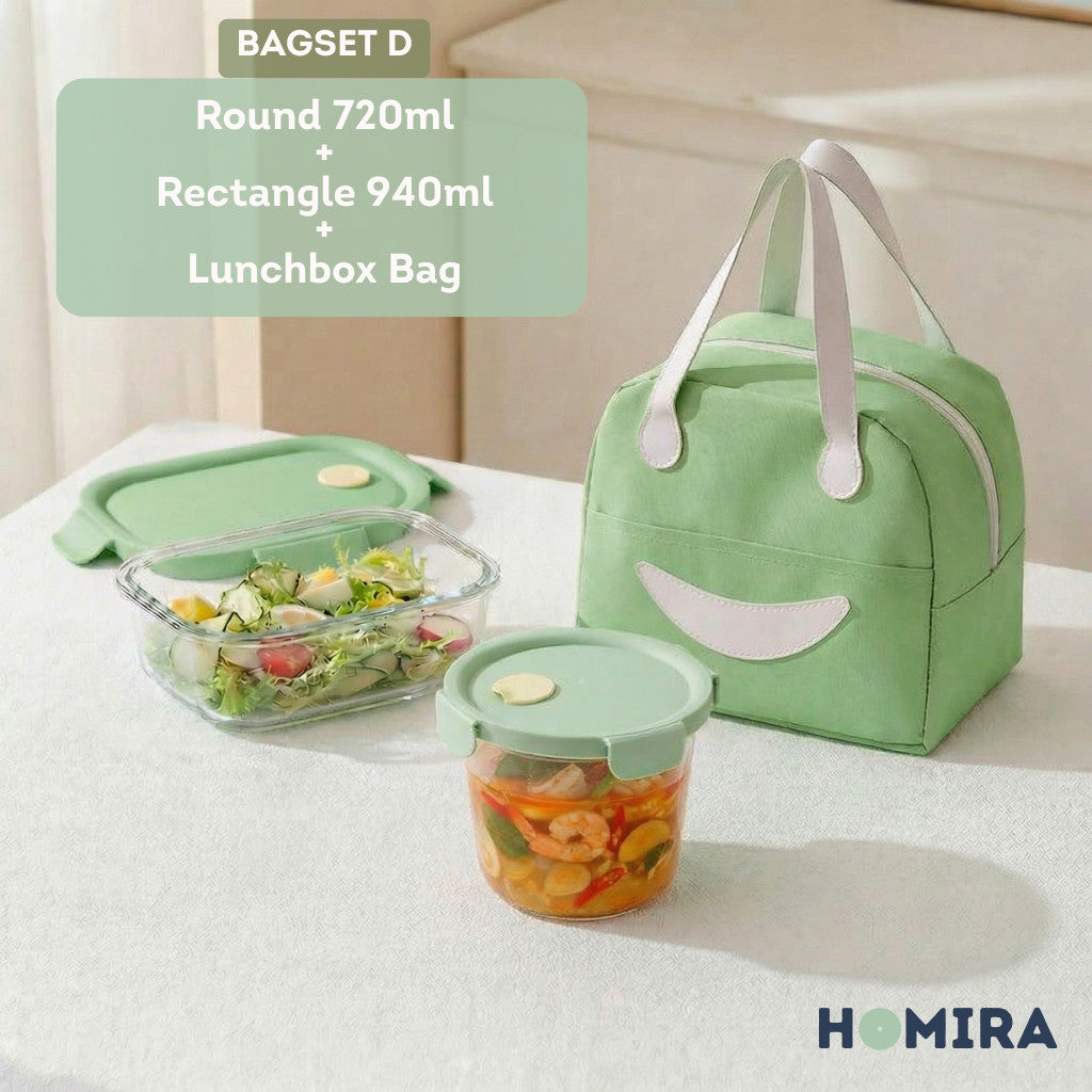 HOMIRA Summer Series Borosilicate Glass Lunchbox Bag Airtight & Microwave Safe Set