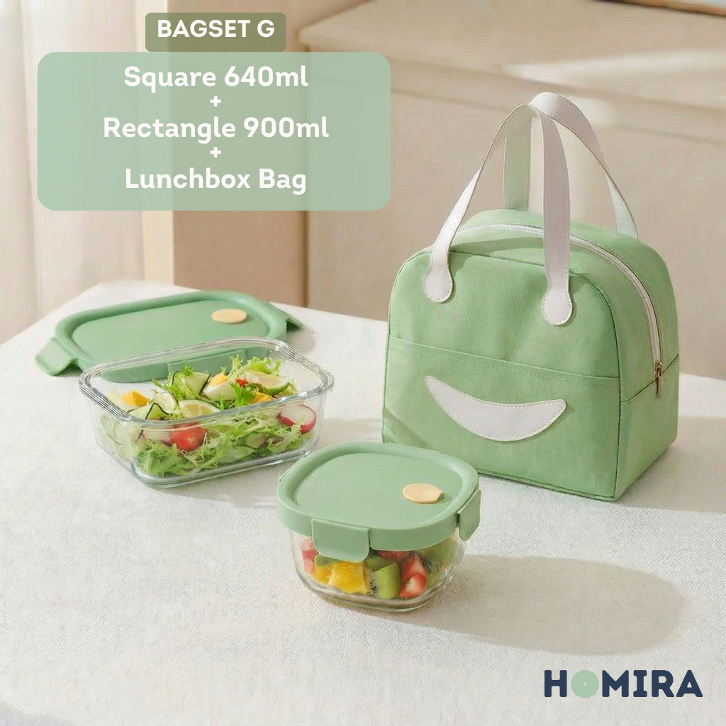 HOMIRA Summer Series Borosilicate Glass Lunchbox Bag Airtight & Microwave Safe Set