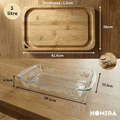 HOMIRA Bakeware Glass Tray with Wooden Lid Display Set(1L/1.6L/2.2L/3L)