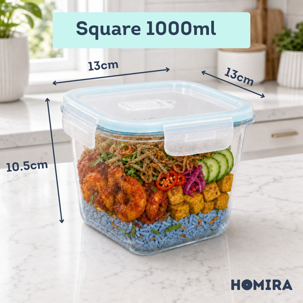 HOMIRA Classic Series Square Borosilicate Glass Food Container (1000ml)