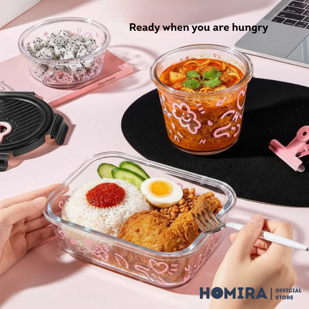 HOMIRA Lovey Cloud Series Borosilicate Glass Food Container & Bag Set - Black (450ml - 1100ml)