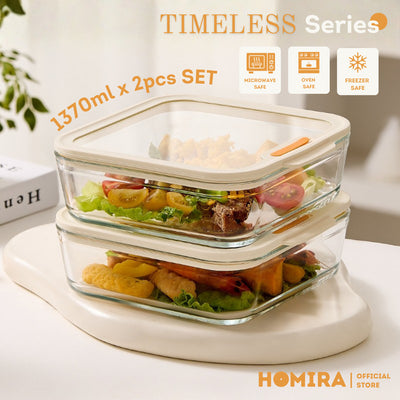 HOMIRA Timeless Series Square Borosilicate Glass Food Container (1370ml x 2 Pcs)