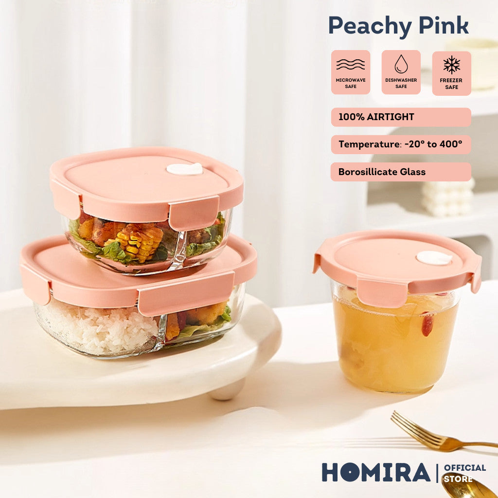 HOMIRA Peachy Pink Borosilicate Glass Food Container Airtight Leakproof Lunch Box (450ml-940ml)