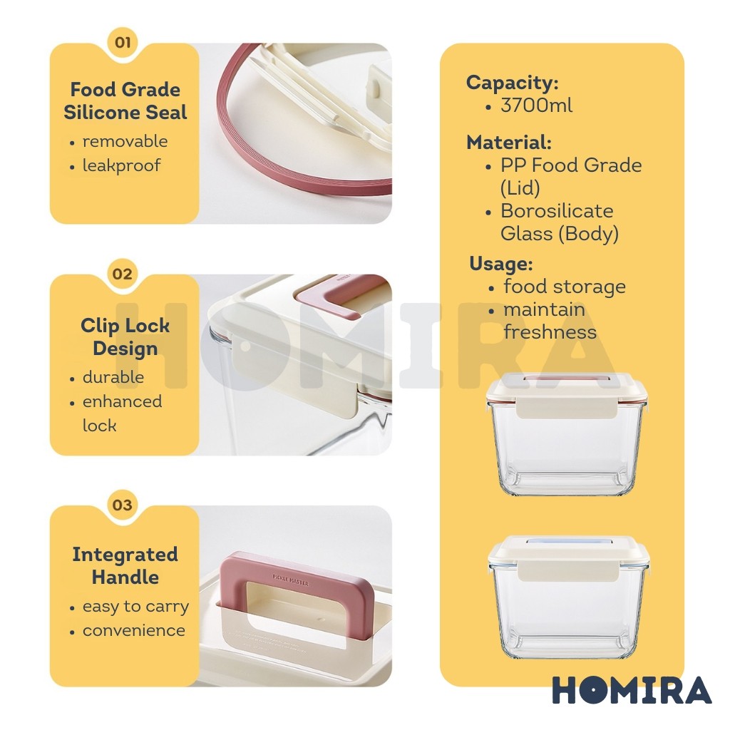 Homira Big Rectangle Borosilicate Glass Food Container with handle 3700ml
