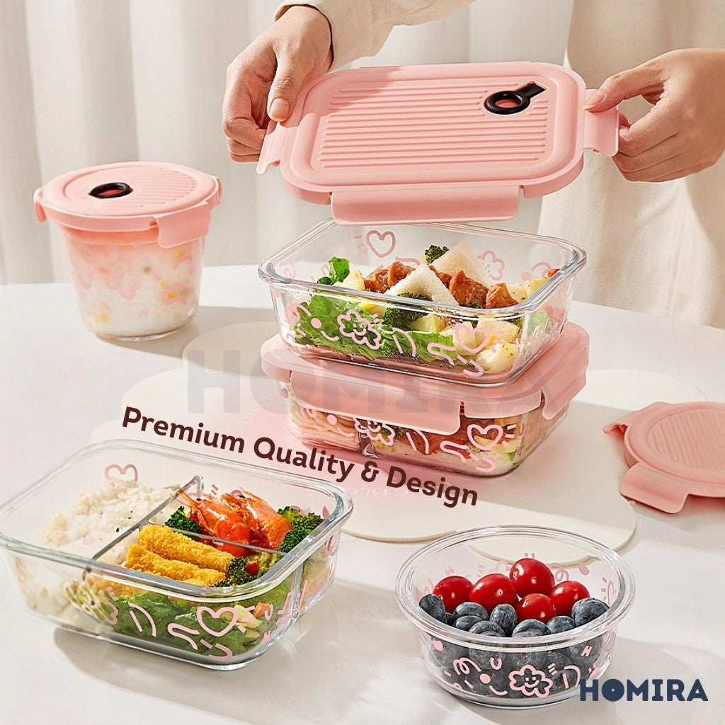 Homira Lovey Cloud Series Borosilicate Glass Food Container–Airtight Leakproof Lunch Box (450ml–1100ml)