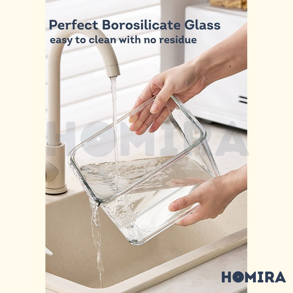 Homira Big Rectangle Borosilicate Glass Food Container with handle 3700ml