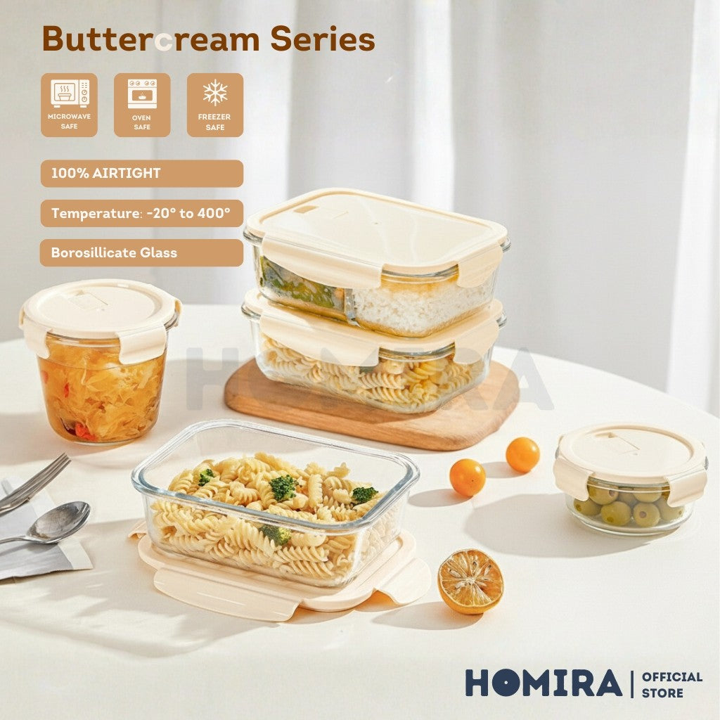 Homira Buttercream Series Round Borosilicate Glass Food Container 450ml-1100ml