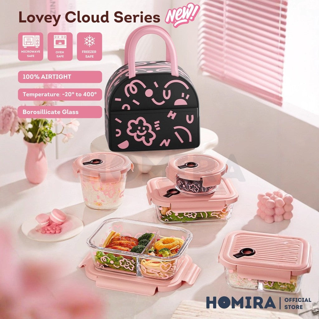 Homira Lovey Cloud Series Borosilicate Glass Food Container–Airtight Leakproof Lunch Box (450ml–1100ml)