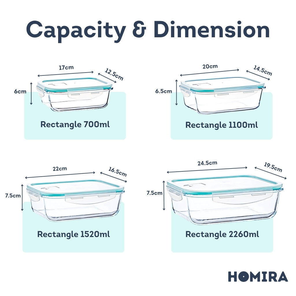 Homira Classic Series Borosilicate Glass Food Container (Rectangle)