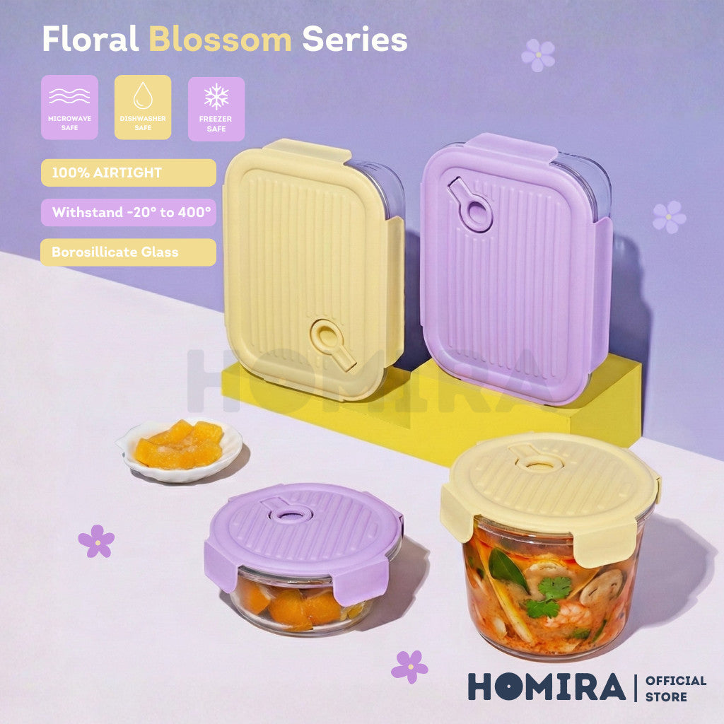 Homira Floral Blossom Series Borosilicate Glass Food Container – Airtight Leakproof Lunch Box | (450ml–1100m)