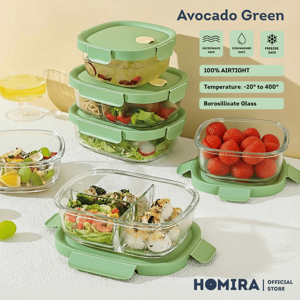 HOMIRA Avocado Green Borosilicate Glass Food Container (450ml - 940ml)