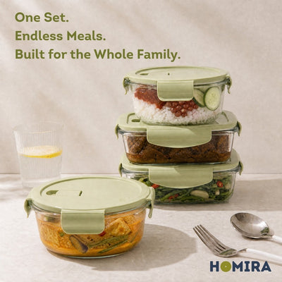 HOMIRA Borosilicate Glass Food Container Set - Natural Green Family Collection