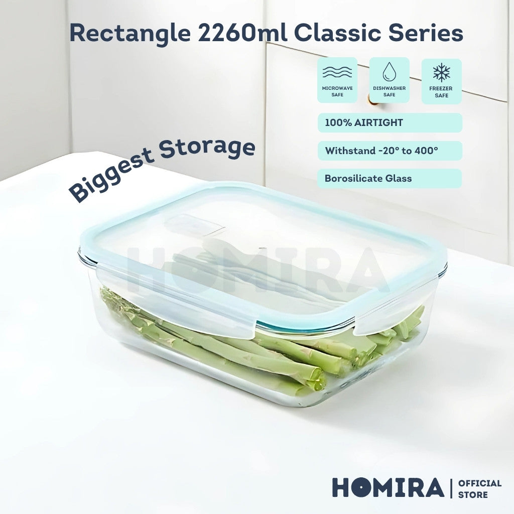 Homira Rectangle Borosilicate Glass Food Container 2260ml – Airtight Leakproof | Microwave & Oven Safe