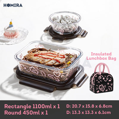 Homira Lovey Cloud Series Borosilicate Glass Food Container with Bag Set – Airtight Lunch Box | (450ml–1100ml)