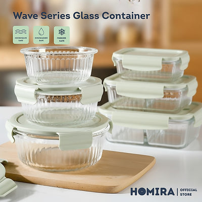 HOMIRA Wave Series Borosilicate Glass Food Container Airtight Microwave Safe (450ml-1050ml)