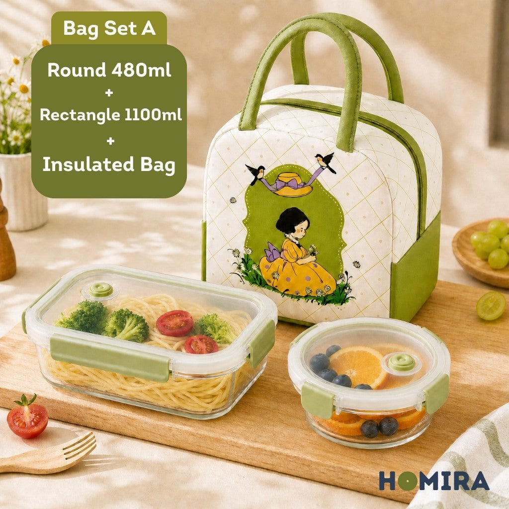 HOMIRA Daisy Girl Series Glass Lunch Box & Insulated Bag Set (480ml - 1100ml)