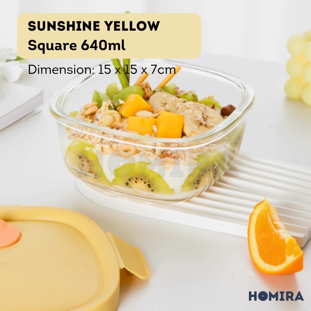 Homira Summer Series Rectangle Borosilicate Glass Food Container – Airtight Lunch Box | Oven Safe (760ml-940ml)