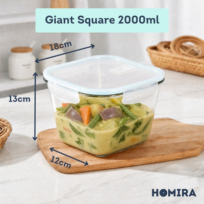 HOMIRA Classic Series Square Giant Borosilicate Glass Food Container (2000ml)