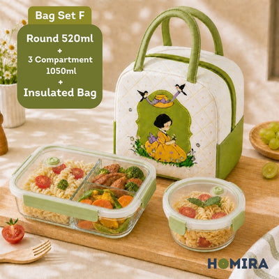 HOMIRA Daisy Girl Series Glass Lunch Box & Insulated Bag Set (480ml - 1100ml)