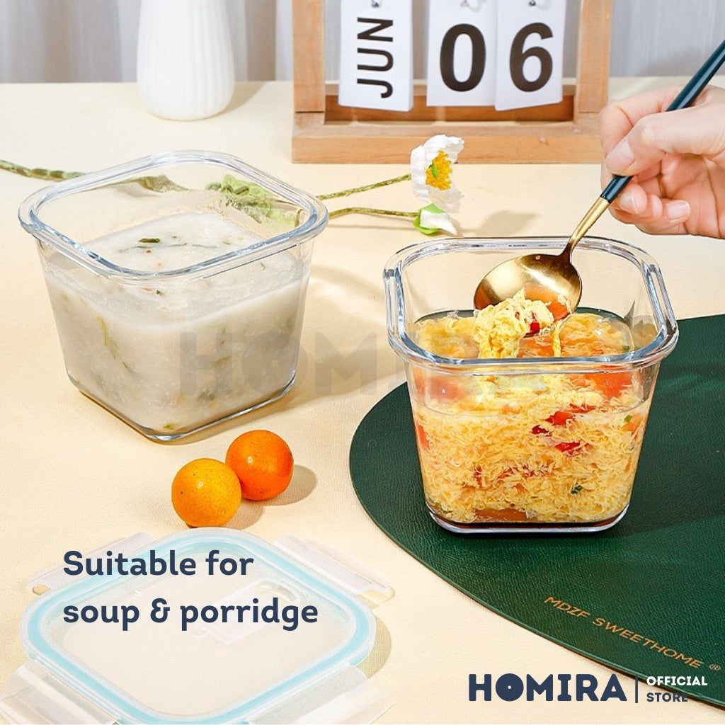 Homira Classic Series Square Borosilicate Glass Food Container 1000ml – Airtight Leakproof | Oven Safe Meal Prep Storage