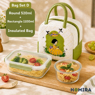 HOMIRA Daisy Girl Series Glass Lunch Box & Insulated Bag Set (480ml - 1100ml)