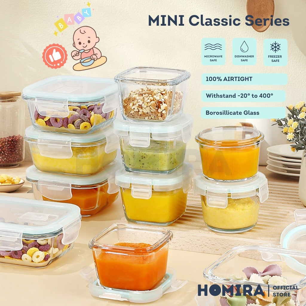 Homira Classic Series Mini Borosilicate Glass Food Container – Airtight Leakproof | (130ml–450ml)