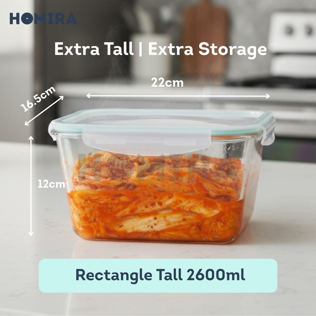 Homira Classic Big Rectangle Borosilicate Glass Food Container 2600ml – Large Airtight Oven Safe